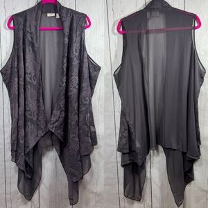 Logo Lavish Duster Vest Sheer Gray Sleeveless Drape Embroidered Layering Boho